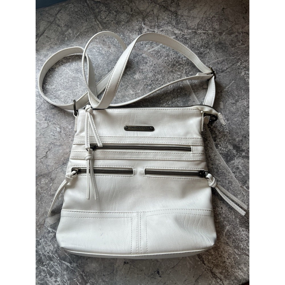 Stone Mountain Usa White Leather Crossbody Bag Multi Zip Pockets
